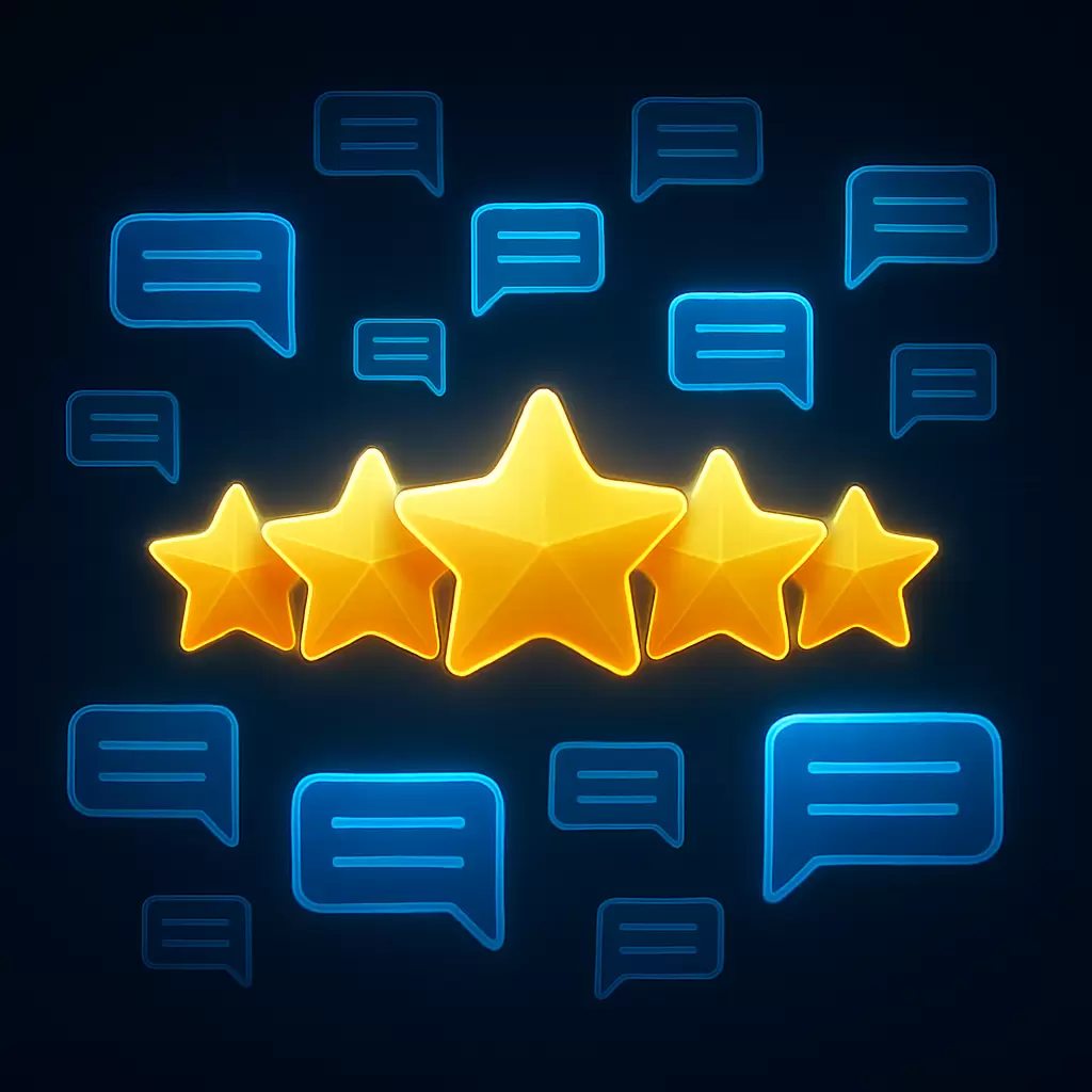 Ícone de cinco estrelas douradas e brilhantes, cercado por balões de diálogo, simbolizando as avaliações e os comentários de clientes.