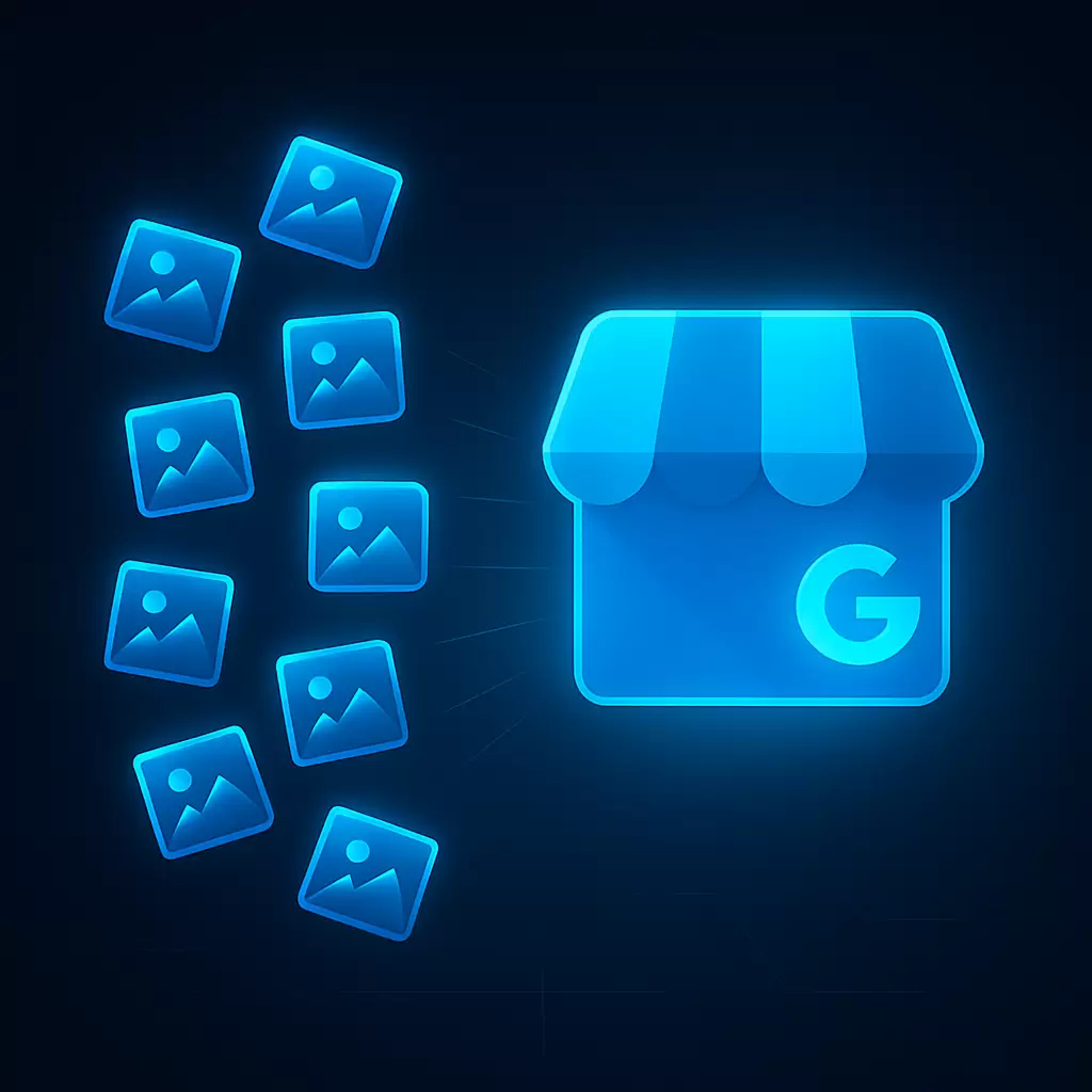 Ícone de um Perfil da Empresa no Google recebendo várias fotos e se tornando mais brilhante e atrativo para os clientes.