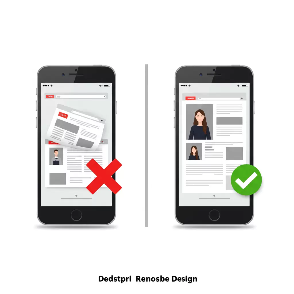 Comparativo de um site não responsivo, confuso no celular, ao lado de um site responsivo e de fácil leitura.