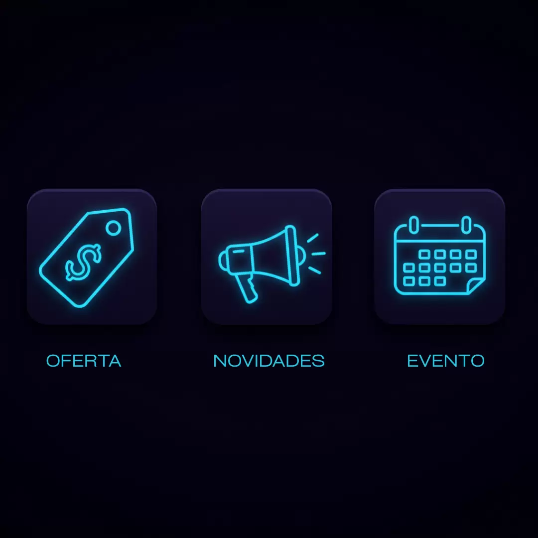 Ícones representando os tipos de publicação do Google Meu Negócio: Oferta, Novidades e Evento.