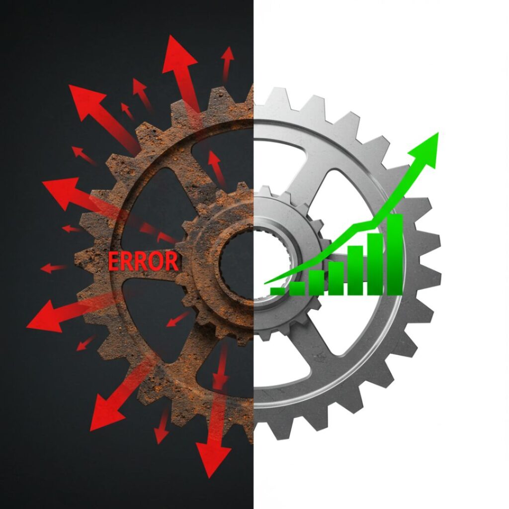 ontraste entre uma engrenagem caótica e enferrujada e outra brilhante e organizada, simbolizando a importância de um checklist estratégico antes de integrar o Bling para evitar o caos operacional.