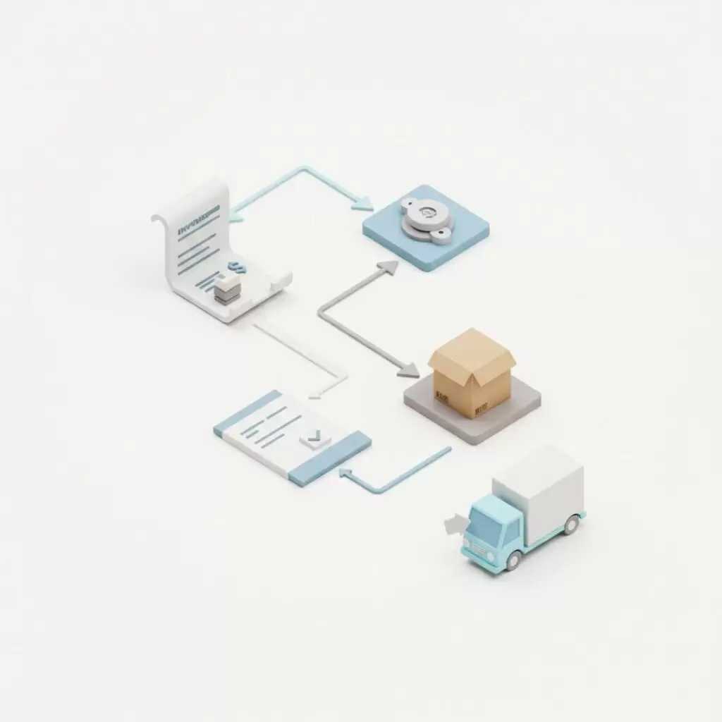 Fluxograma simples ilustrando o processo de um pedido de e-commerce, da aprovação da venda à notificação de envio ao cliente.